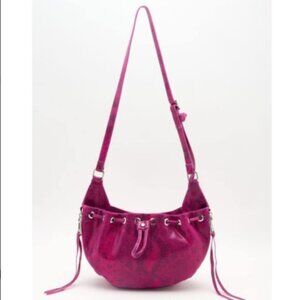 NWT Aimee Kestenberg Serene Leather Drawstring Crossbody, Magenta Cobra